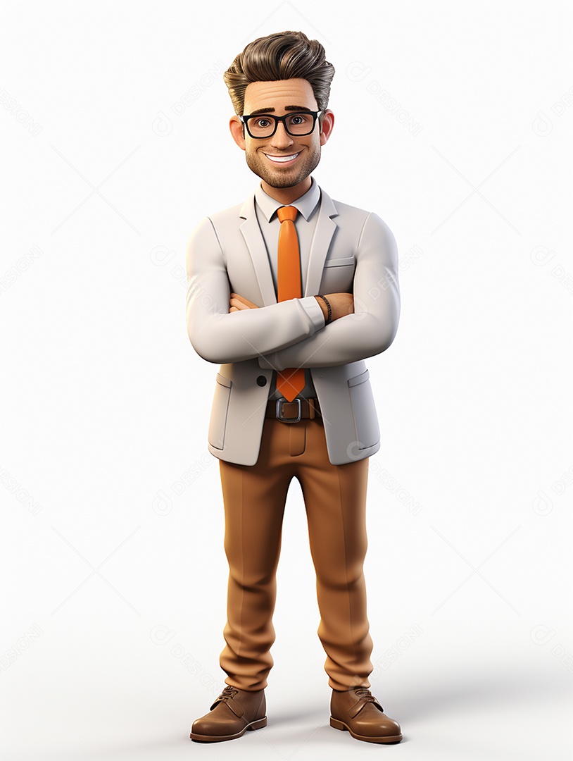 Homem de negócios 3d feliz cruzou os braços em 3d transparente