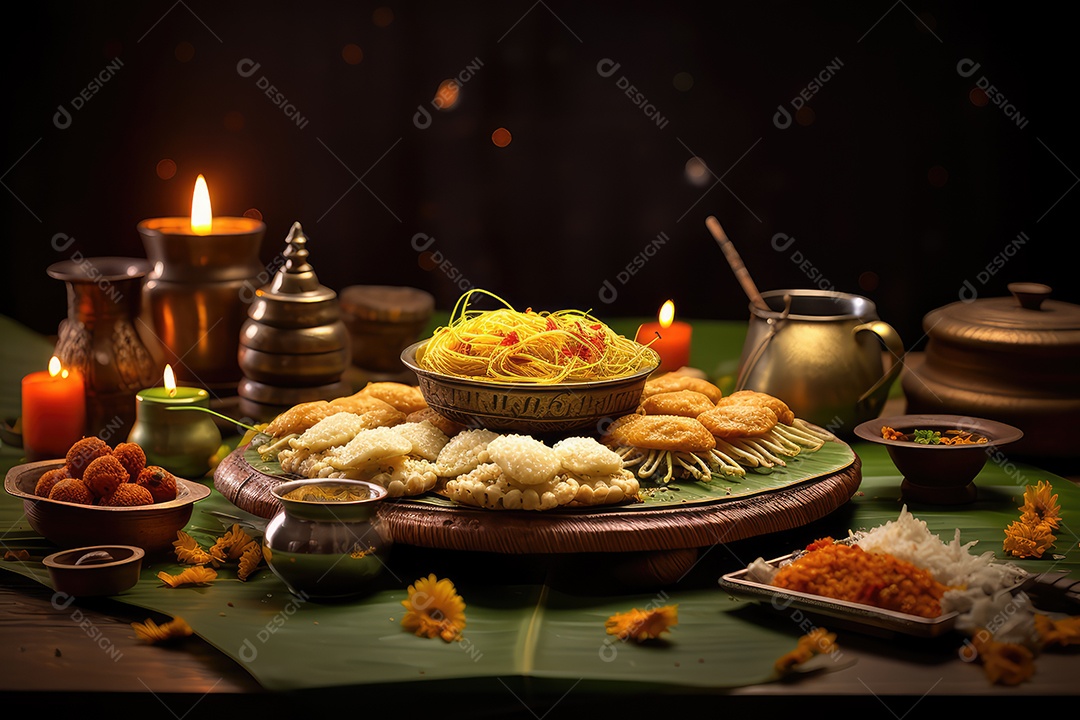 Mesa com comidas típicas tradicionais indianas para celebrar o festival cultural de Diwali