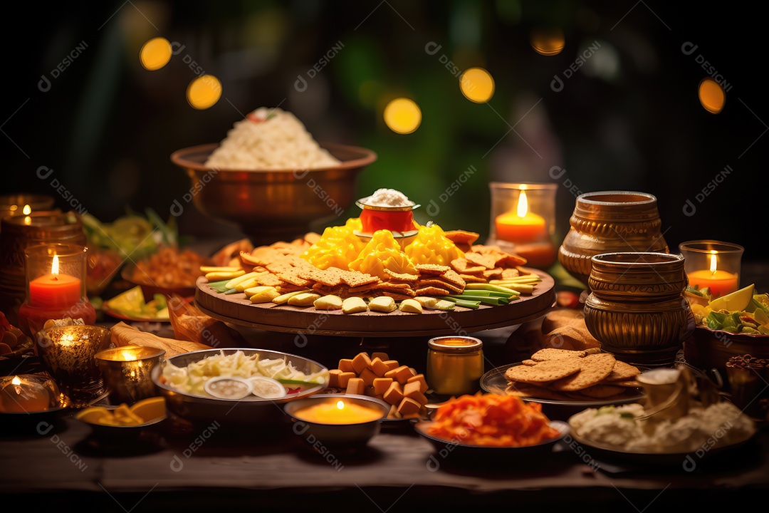 Mesa com comidas típicas tradicionais indianas para celebrar o festival cultural de Diwali