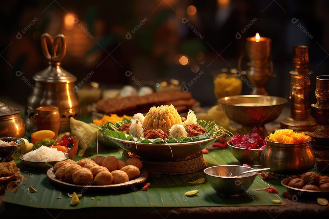 Mesa com comidas típicas tradicionais indianas para celebrar o festival cultural de Diwali