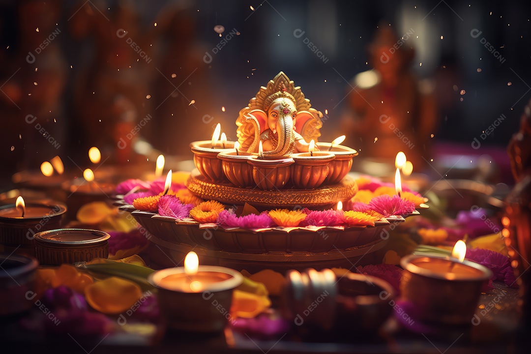 Mesa com decorações e luzes tradicionais indianas para celebrar o festival cultural de Diwali