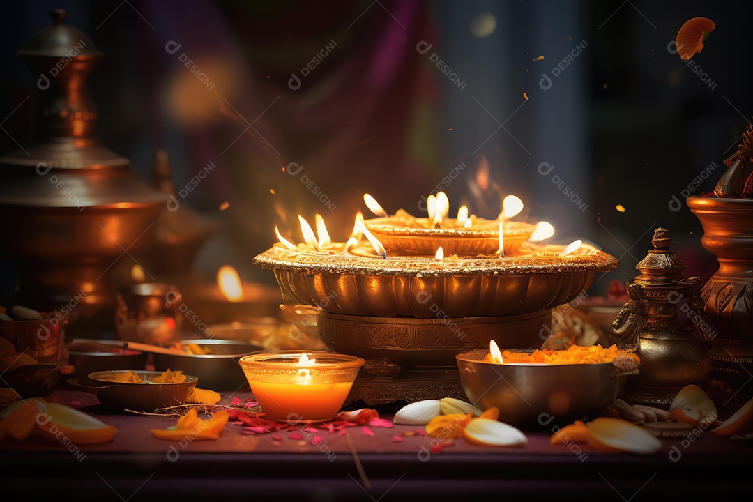 Mesa com decorações e luzes tradicionais indianas para celebrar o festival cultural de Diwali