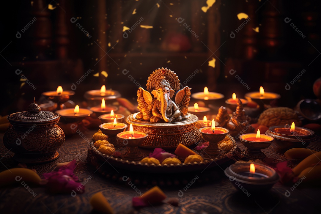 Mesa com decorações e luzes tradicionais indianas para celebrar o festival cultural de Diwali