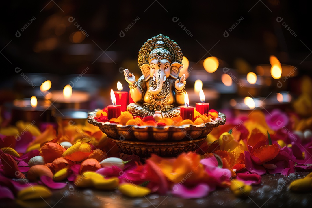 Mesa com decorações e luzes tradicionais indianas para celebrar o festival cultural de Diwali