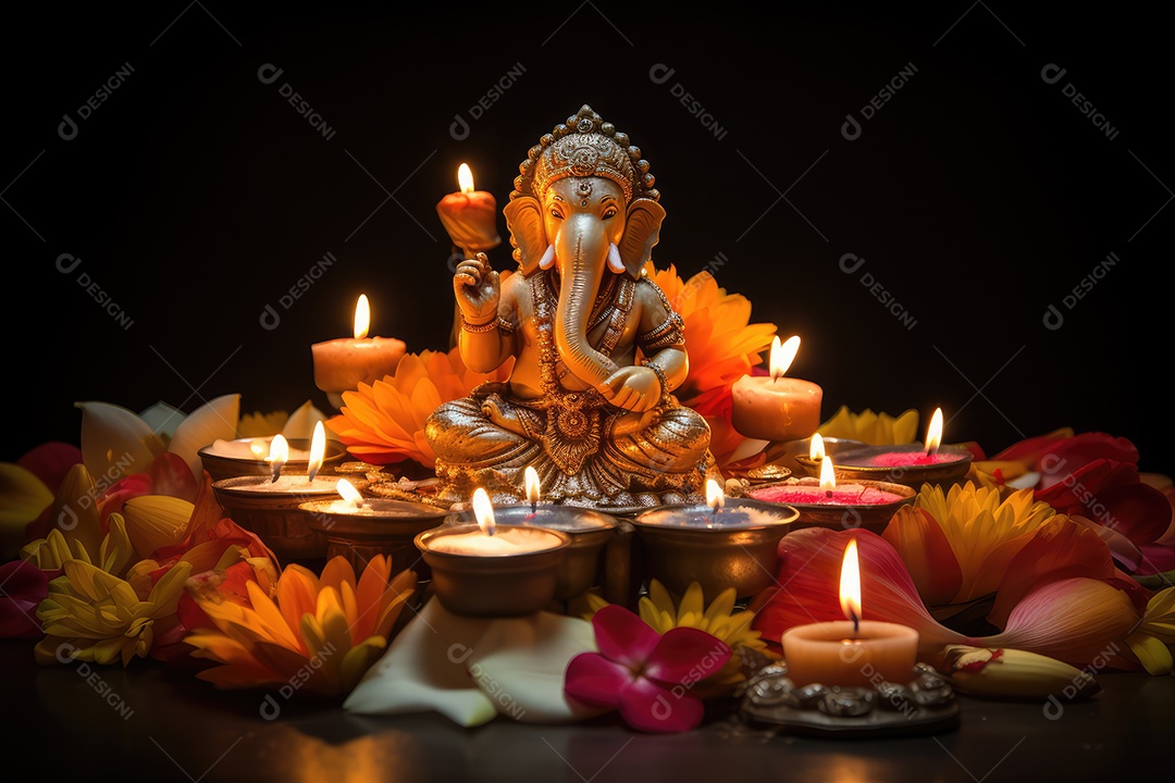 Mesa com decorações e luzes tradicionais indianas para celebrar o festival cultural de Diwali