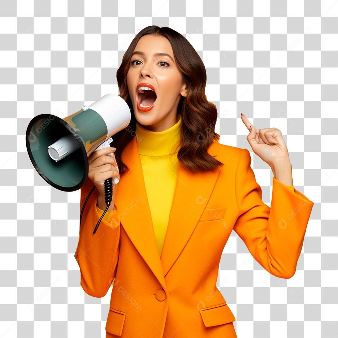 Mulher de Amarelo com Megafone na Mão PNG Transparente