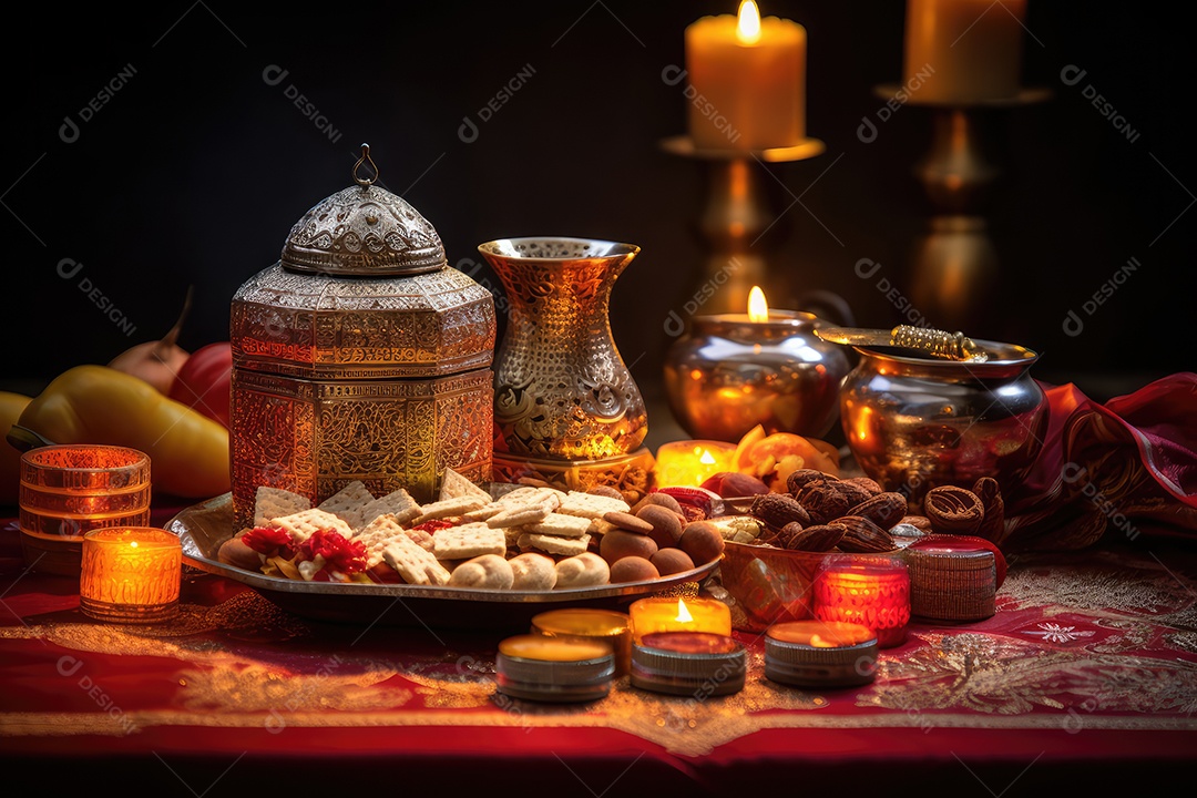 Mesa com comidas típicas tradicionais indianas para celebrar o festival cultural de Diwali