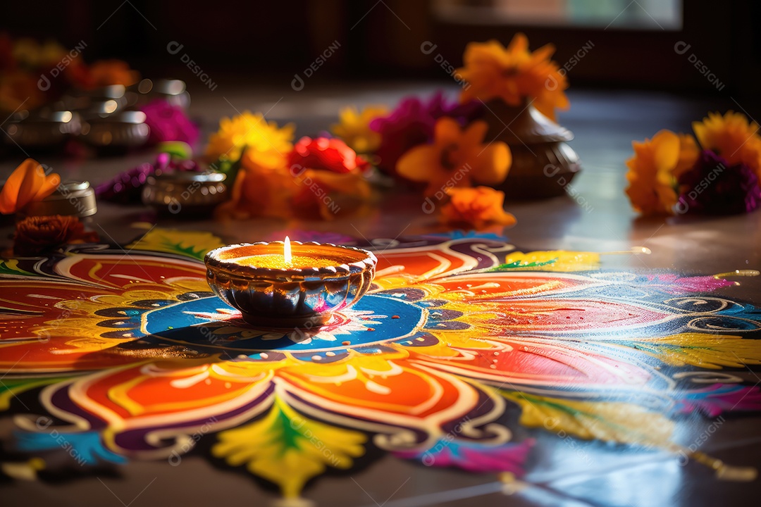Mesa com decorações e luzes tradicionais indianas para celebrar o festival cultural de Diwali