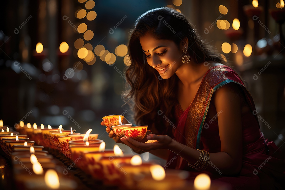 Mulher indiana no festival cultural de Diwali vestida com danças tradicionais, luzes nas mãos