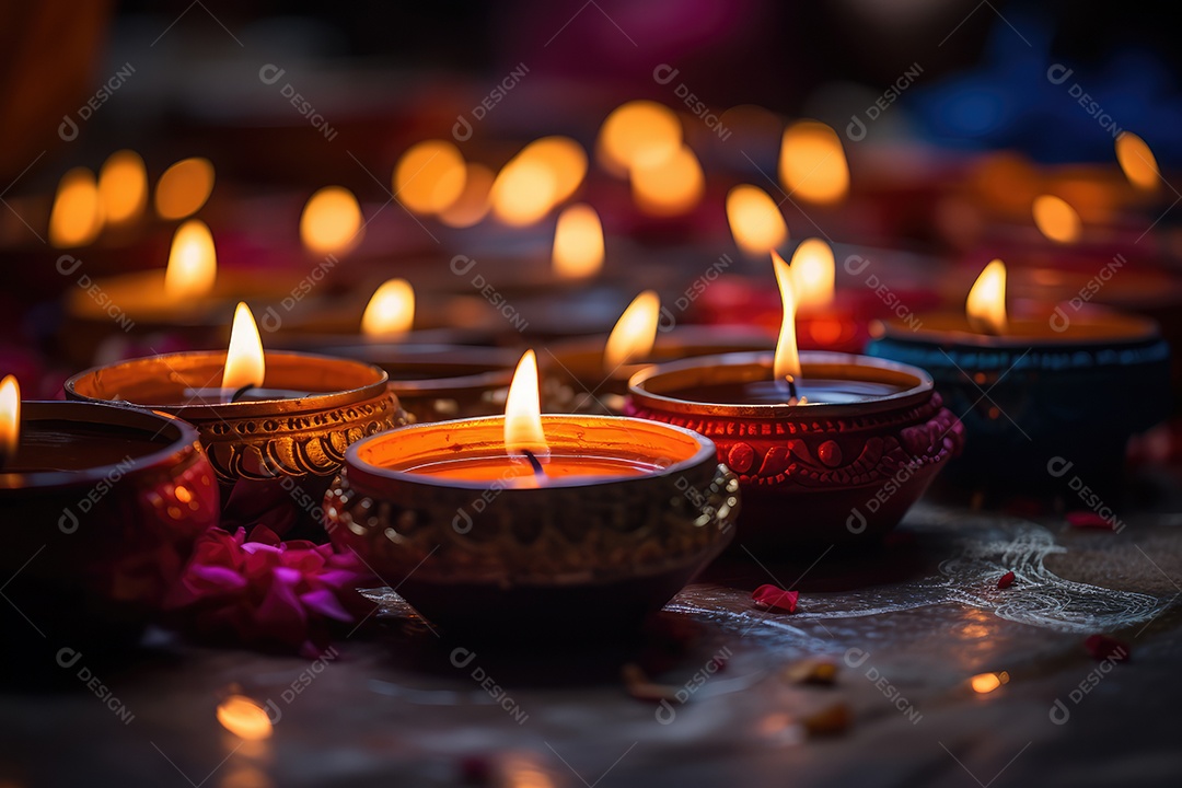 Mesa com decorações e luzes tradicionais indianas para celebrar o festival cultural de Diwali