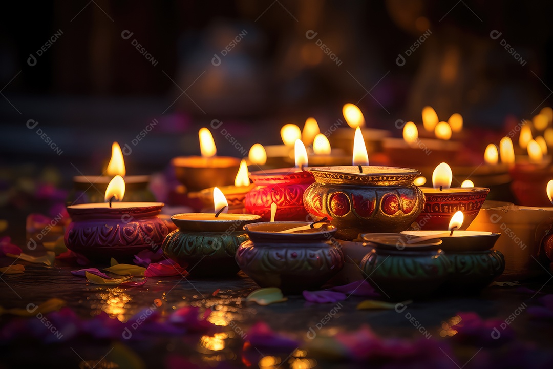 Mesa com decorações e luzes tradicionais indianas para celebrar o festival cultural de Diwali