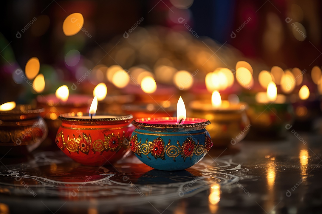 Mesa com decorações e luzes tradicionais indianas para celebrar o festival cultural de Diwali