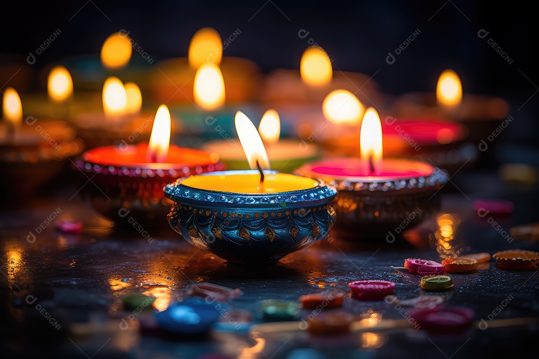 Mesa com decorações e luzes tradicionais indianas para celebrar o festival cultural de Diwali