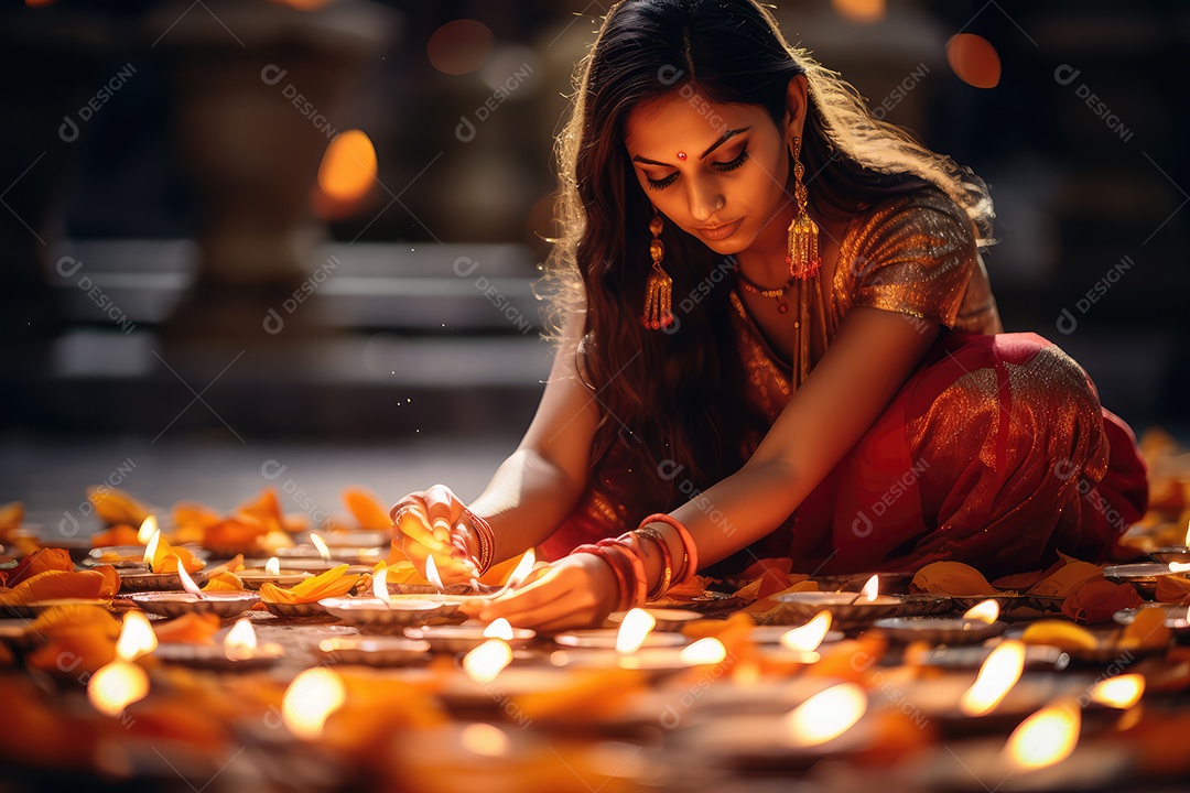 Mesa com decorações e luzes tradicionais indianas para celebrar o festival cultural de Diwali