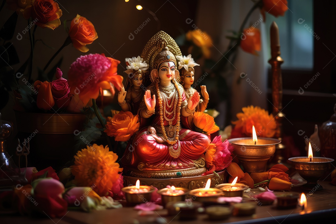 Mesa com decorações e luzes tradicionais indianas para celebrar o festival cultural de Diwali