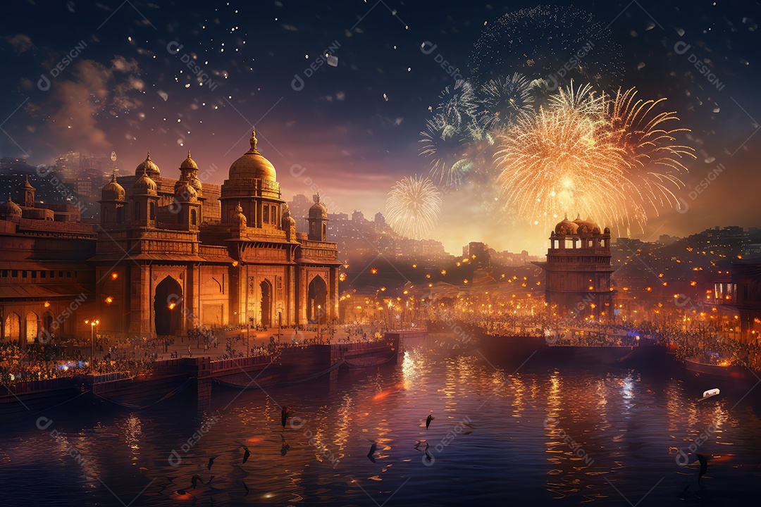 Paisagem urbana no Festival de Diwali, na Índia, com monumentos decorados, luzes e fogos de artifício no céu