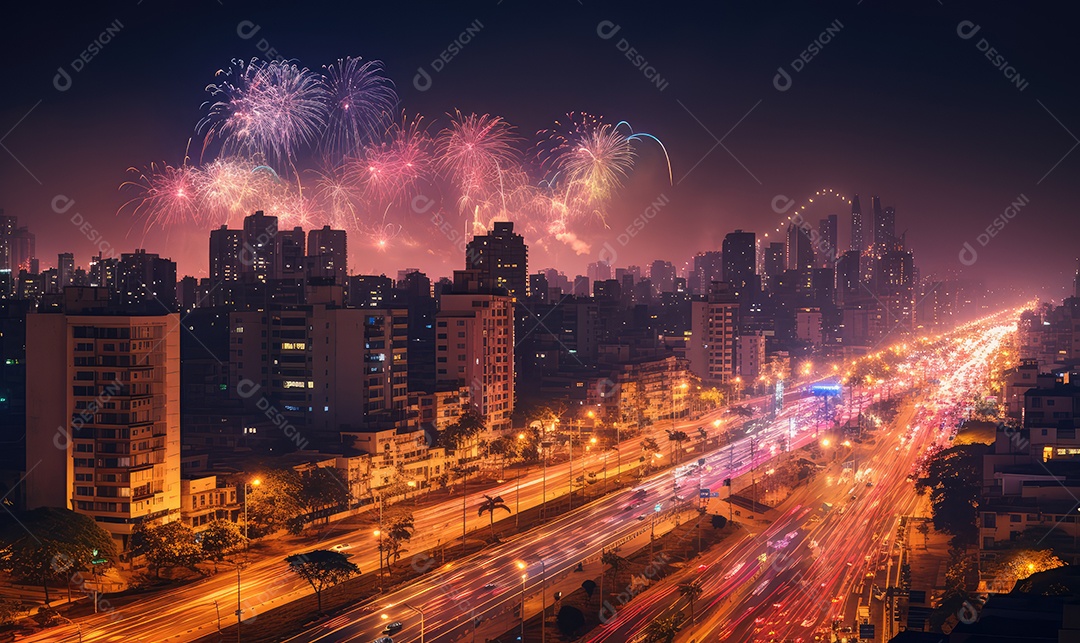 Paisagem urbana no Festival de Diwali, na Índia, com monumentos decorados, luzes e fogos de artifício no céu