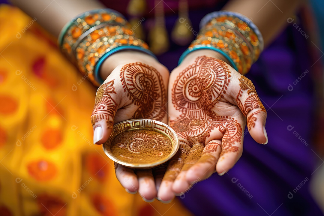 Bela imagem de mãos decoradas com henna mehndi na tradição comum durante o Festival de Diwali