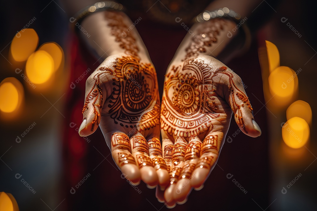 Bela imagem de mãos decoradas com henna mehndi na tradição comum durante o Festival de Diwali