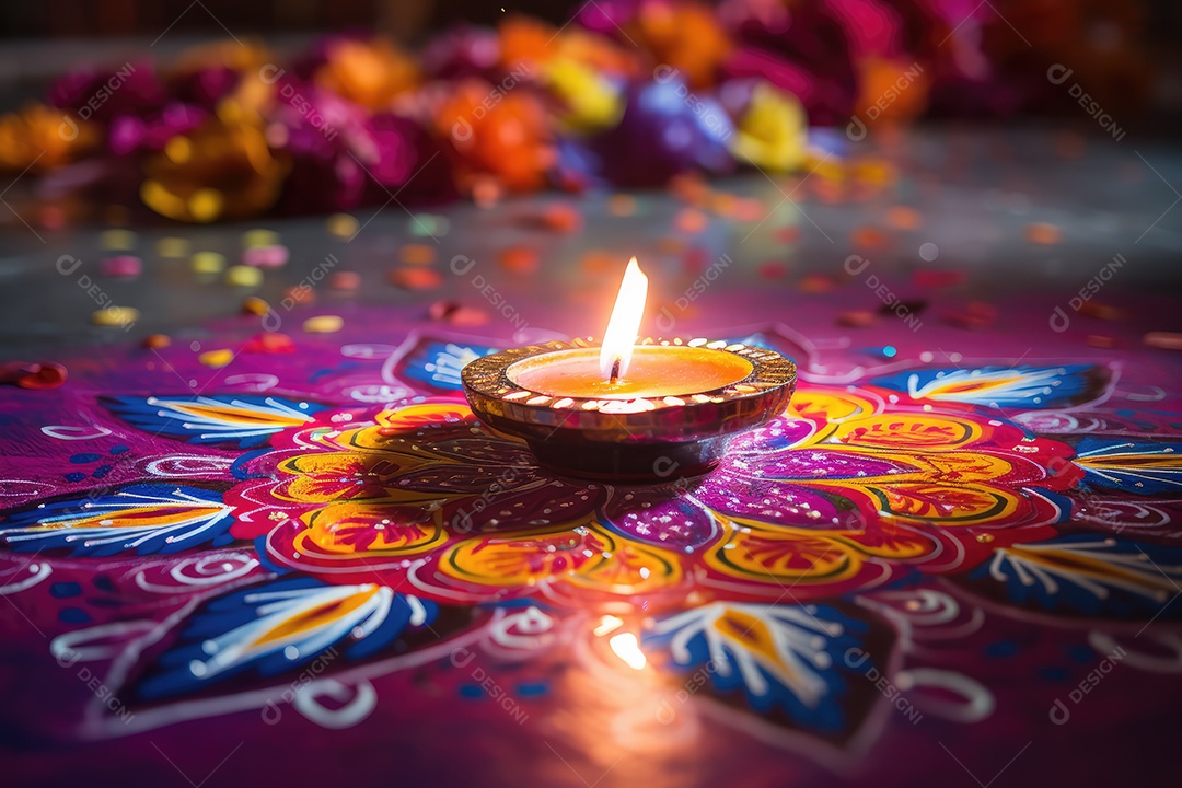 Mesa com decorações e luzes tradicionais indianas para celebrar o festival cultural de Diwali