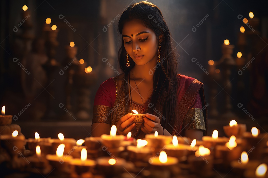 Mulher indiana no festival cultural de Diwali vestida com danças tradicionais, luzes nas mãos