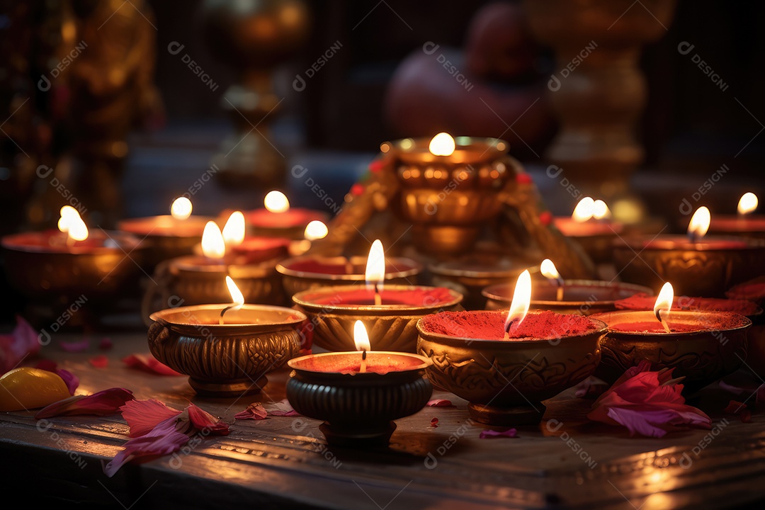 Mesa com decorações e luzes tradicionais indianas para celebrar o festival cultural de Diwali