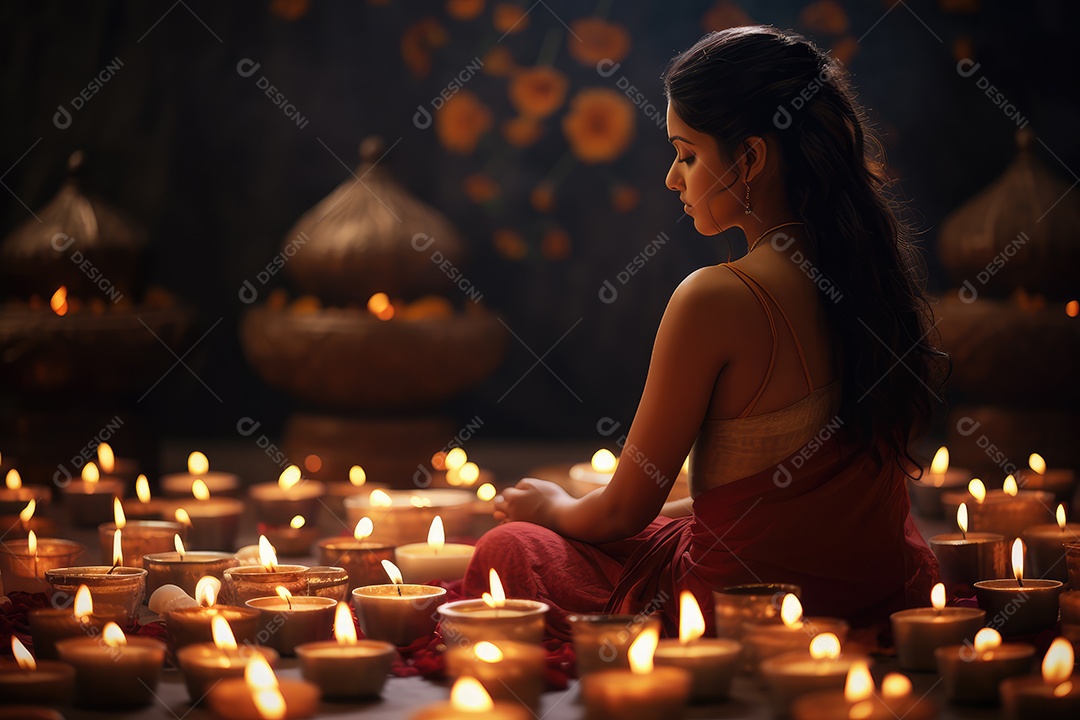 Mulher indiana no festival cultural de Diwali vestida com danças tradicionais, luzes nas mãos