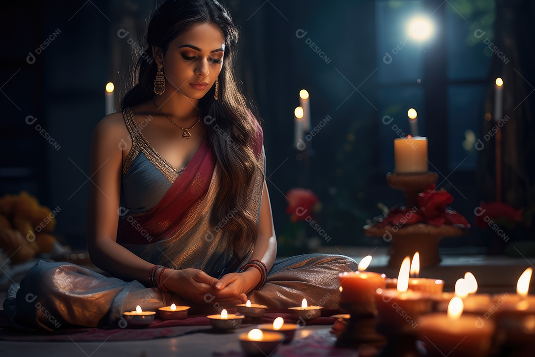 Mulher indiana no festival cultural de Diwali vestida com danças tradicionais, luzes nas mãos