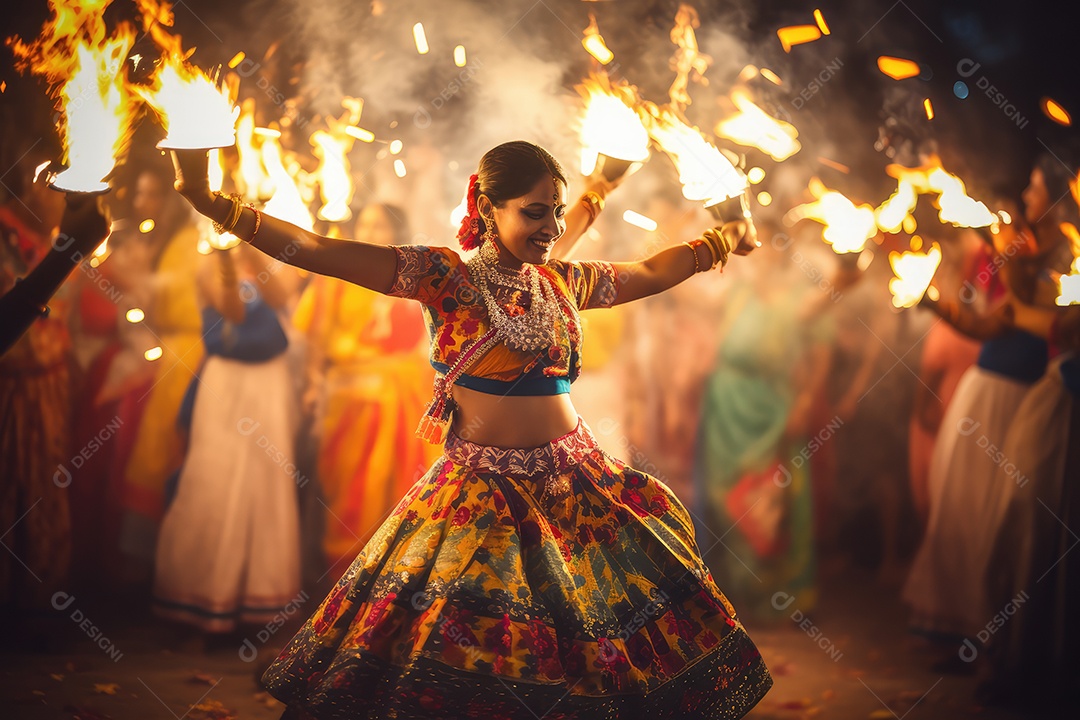 Mulher indiana no festival cultural de Diwali dançando vestida com roupas tradicionais