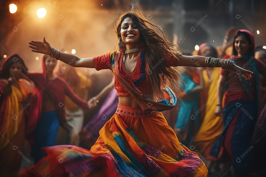 Mulher indiana no festival cultural de Diwali dançando vestida com roupas tradicionais