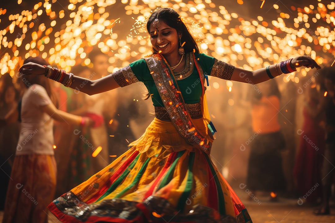 Mulher indiana no festival cultural de Diwali dançando vestida com roupas tradicionais