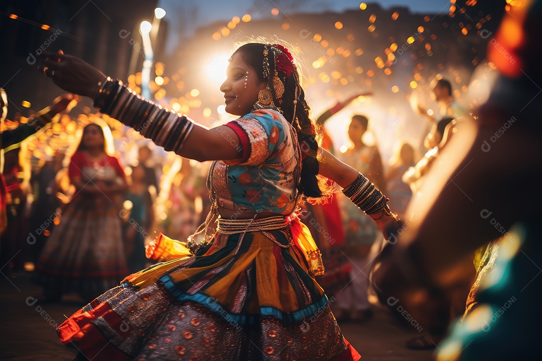 Mulher indiana no festival cultural de Diwali dançando vestida com roupas tradicionais