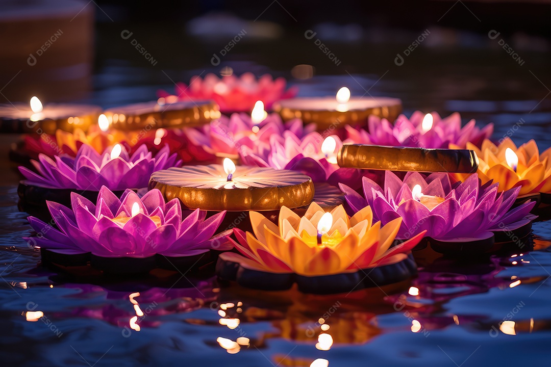 Flores de lótus, símbolo de pureza espiritual, adornando uma piscina durante a celebração do Diwali