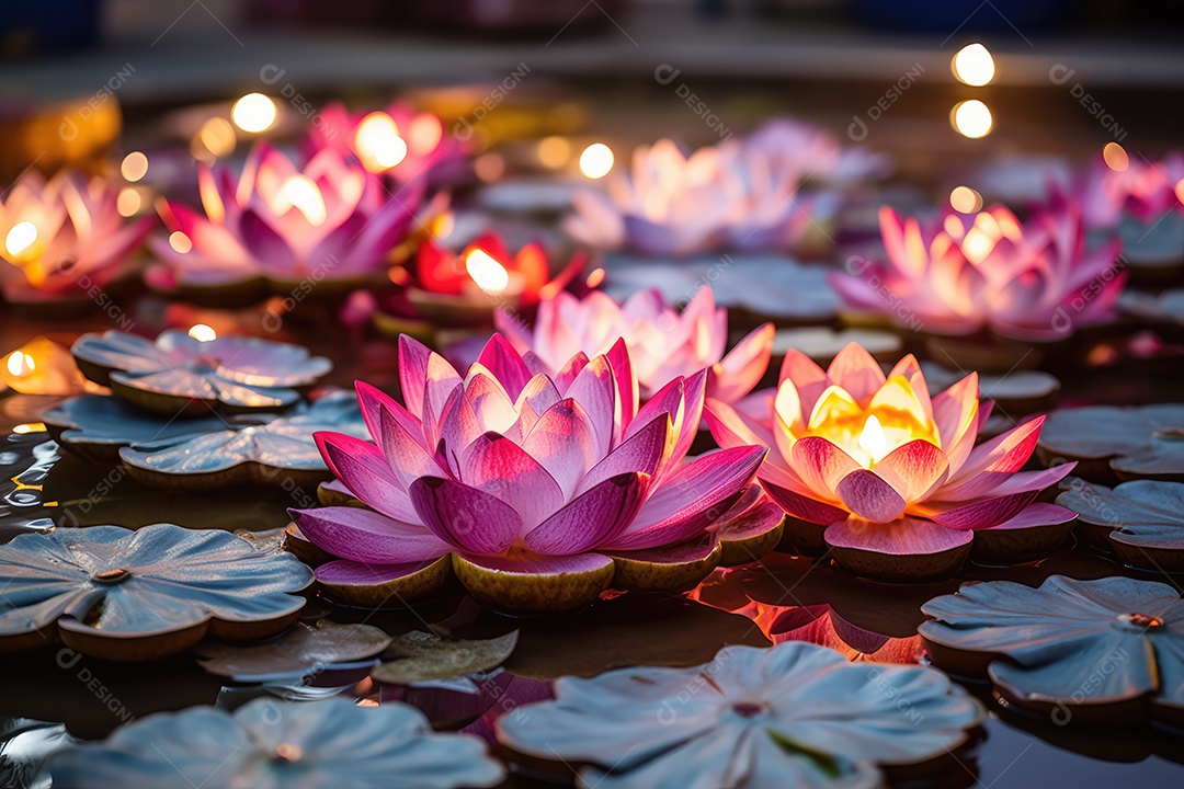Flores de lótus, símbolo de pureza espiritual, adornando uma piscina durante a celebração do Diwali