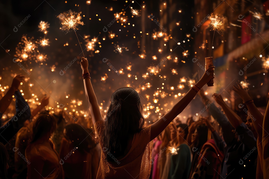 Pessoas festivas soltando fogos de artifício e lanternas de papel durante o Festival de Diwali na Índia