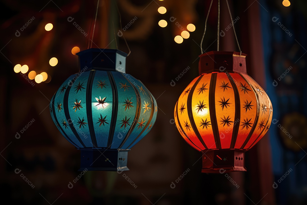 Lanternas de papel conhecidas como kandils ficam penduradas nas casas durante o Diwali, simbolizando a iluminação espiritual