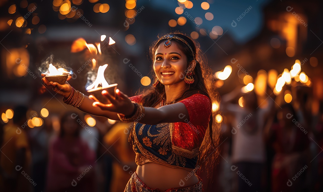 Mulher indiana no festival cultural de Diwali vestida com danças tradicionais, luzes nas mãos