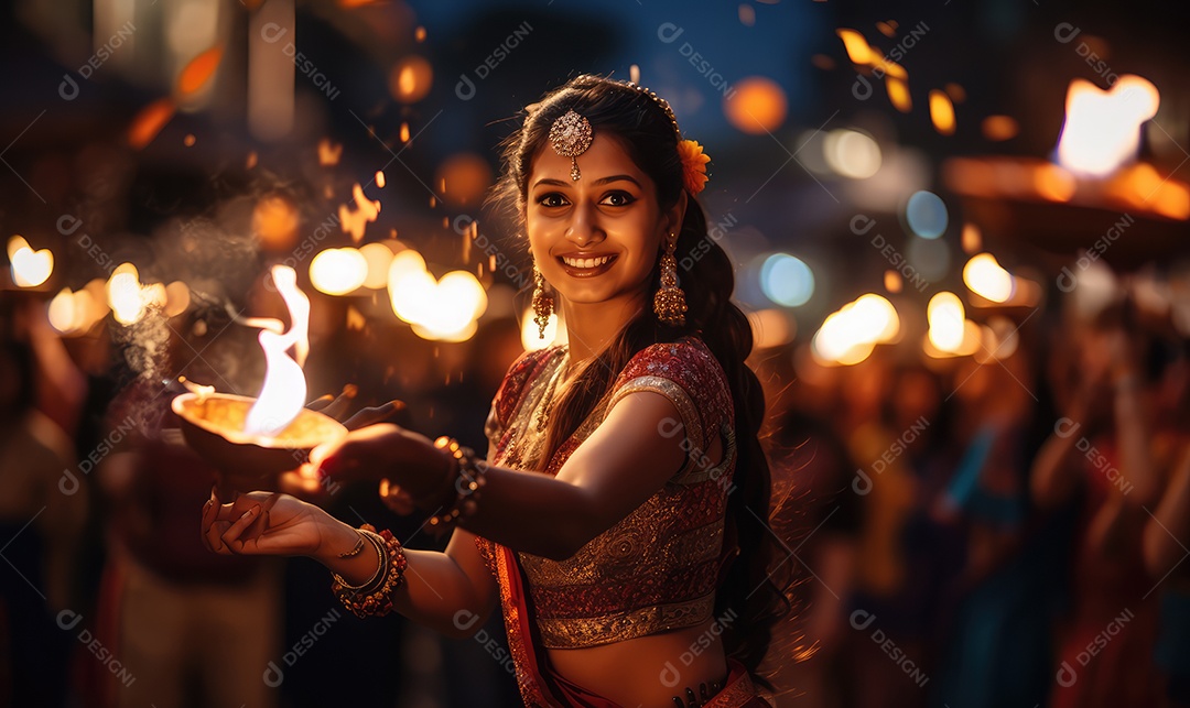 Mulher indiana no festival cultural de Diwali vestida com danças tradicionais, luzes nas mãos