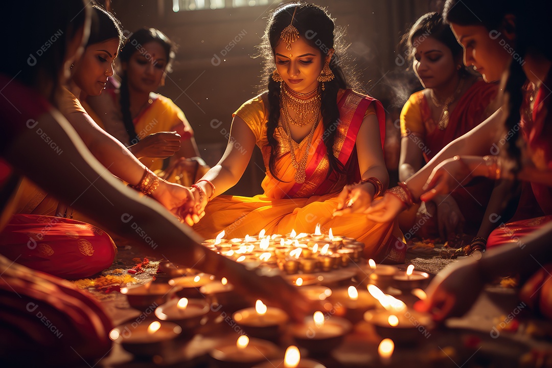 Mulher indiana no festival cultural de Diwali vestida com danças tradicionais, luzes nas mãos