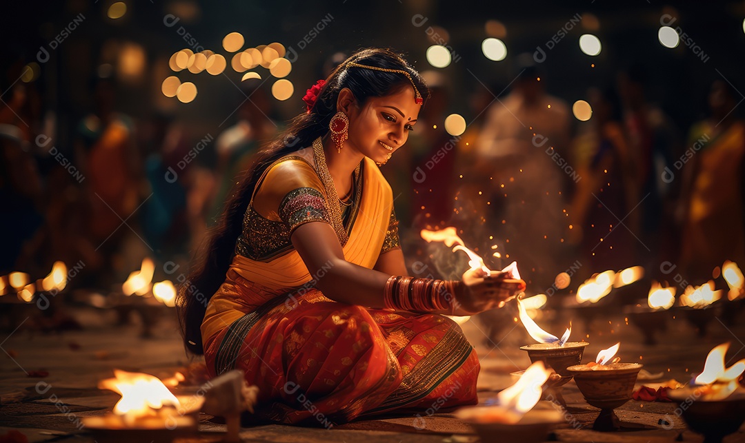 Mulher indiana no festival cultural de Diwali vestida com danças tradicionais, luzes nas mãos