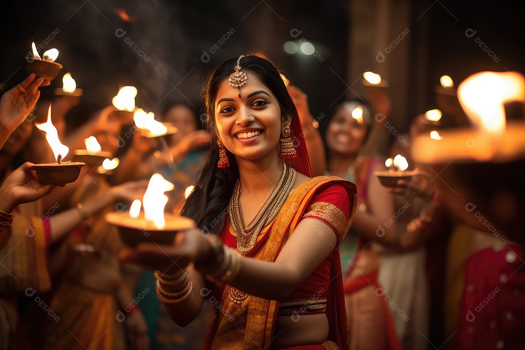 Mulher indiana no festival cultural de Diwali vestida com danças tradicionais, luzes nas mãos
