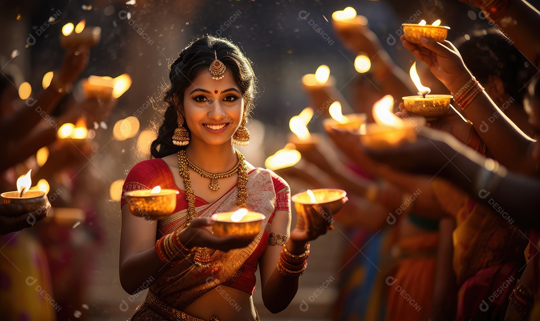 Mulher indiana no festival cultural de Diwali vestida com danças tradicionais, luzes nas mãos