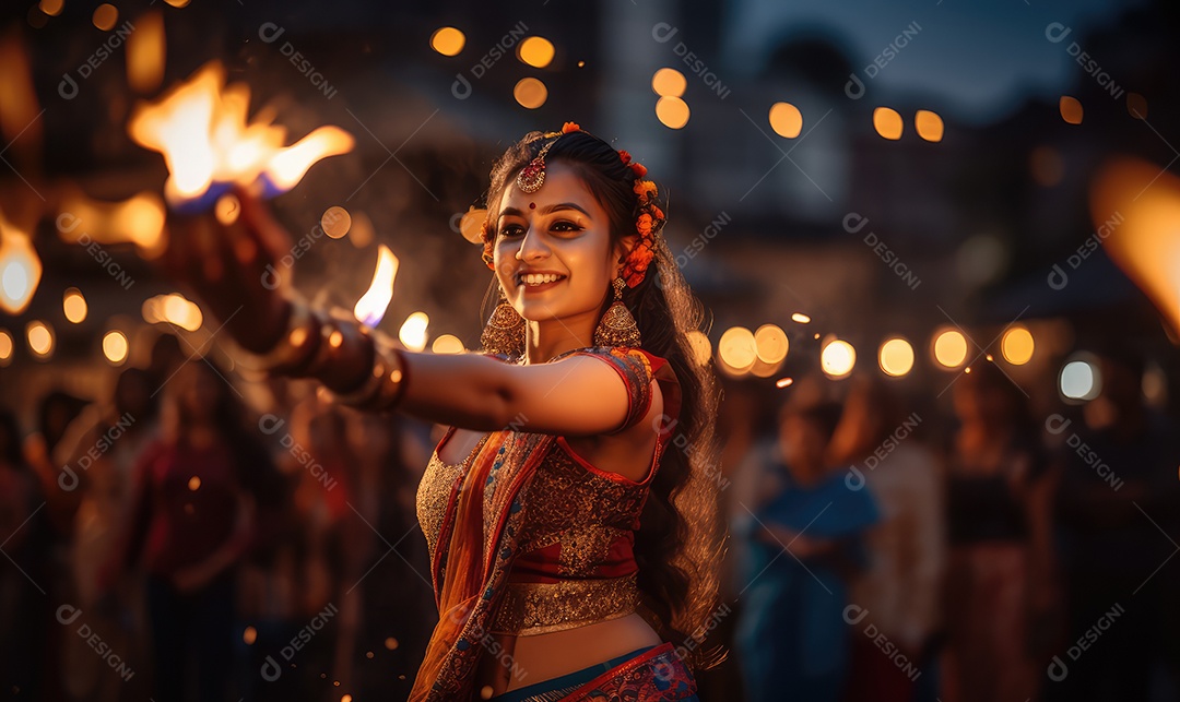 Mulher indiana no festival cultural de Diwali vestida com danças tradicionais, luzes nas mãos