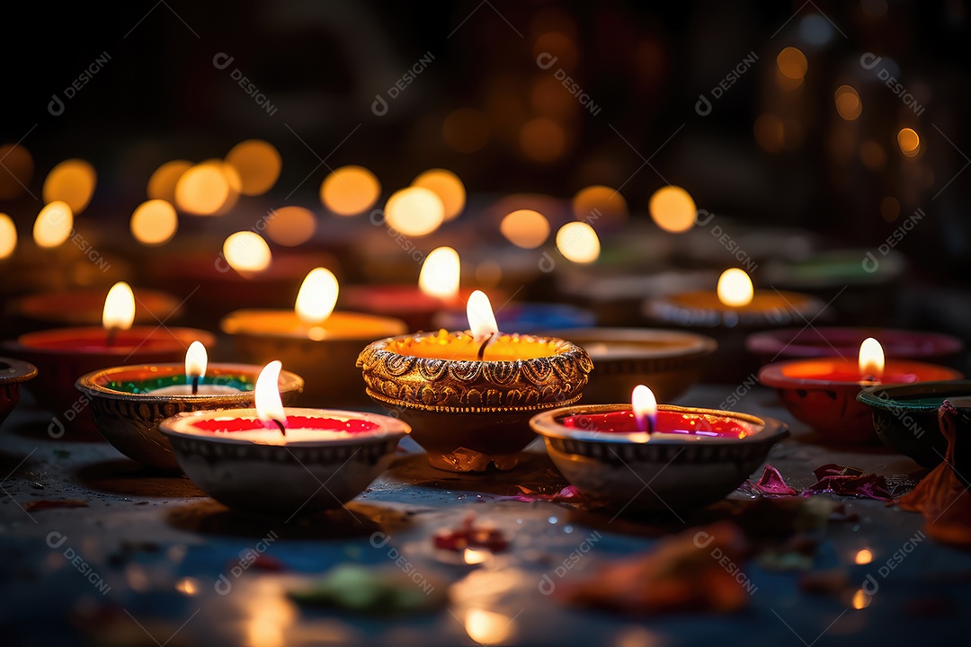 Mesa com decorações e luzes tradicionais indianas para celebrar o festival cultural de Diwali