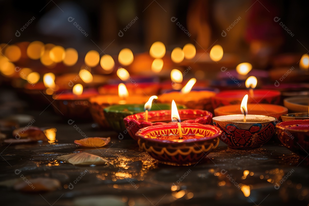 Mesa com decorações e luzes tradicionais indianas para celebrar o festival cultural de Diwali