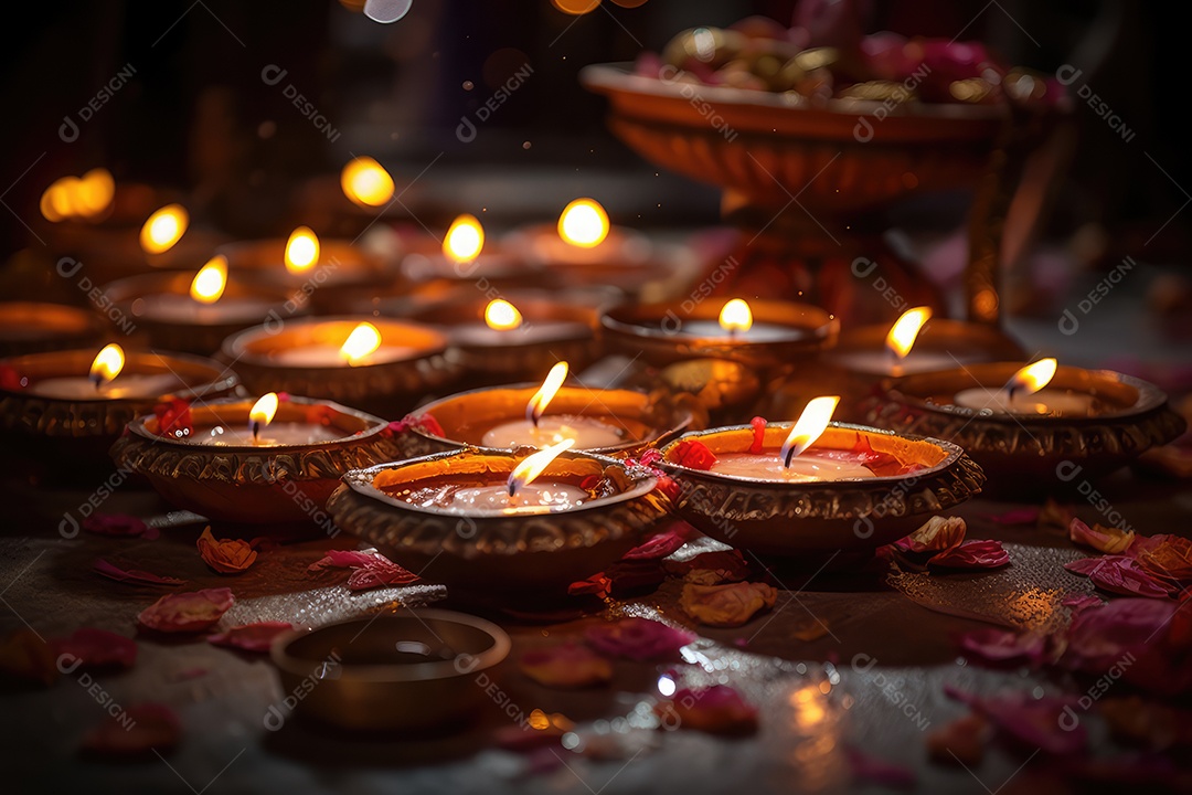 Mesa com decorações e luzes tradicionais indianas para celebrar o festival cultural de Diwali