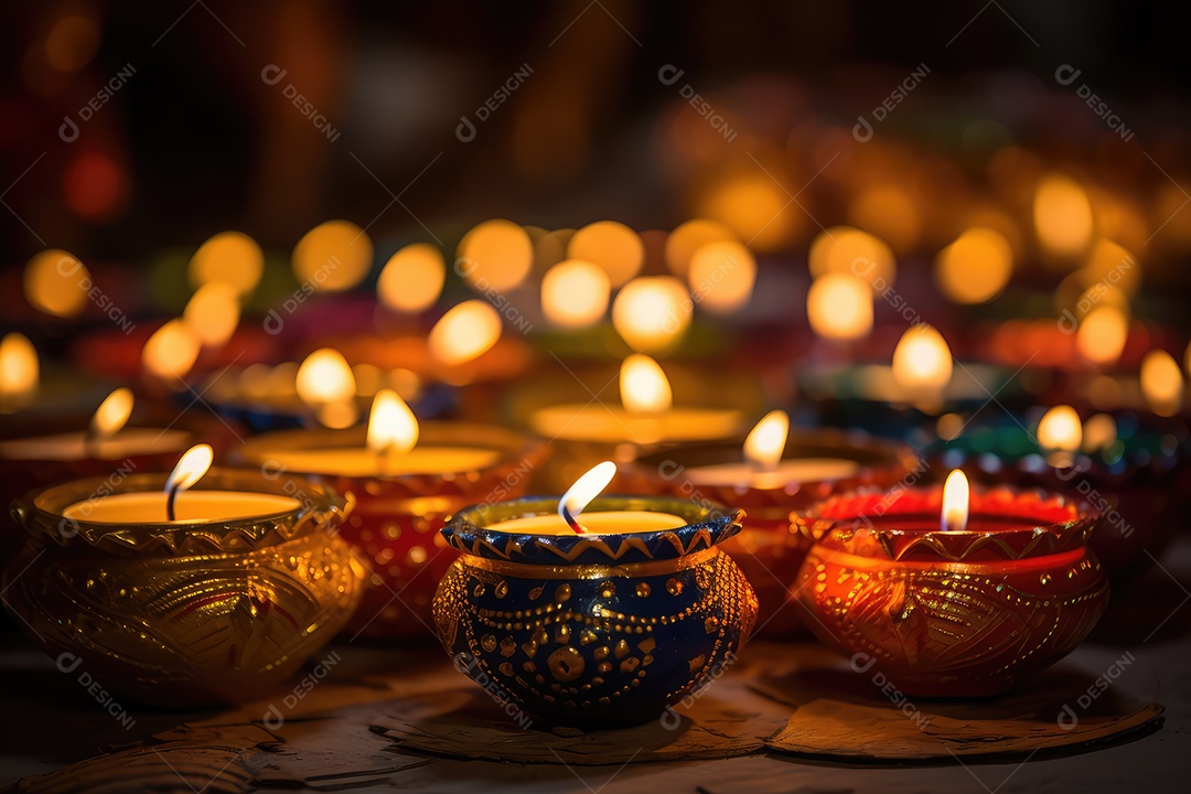 Mesa com decorações e luzes tradicionais indianas para celebrar o festival cultural de Diwali