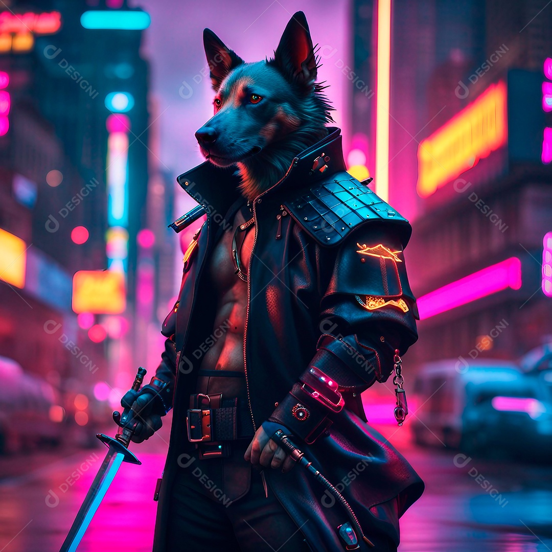 Cachorro arafed com roupa de couro e espada samurai