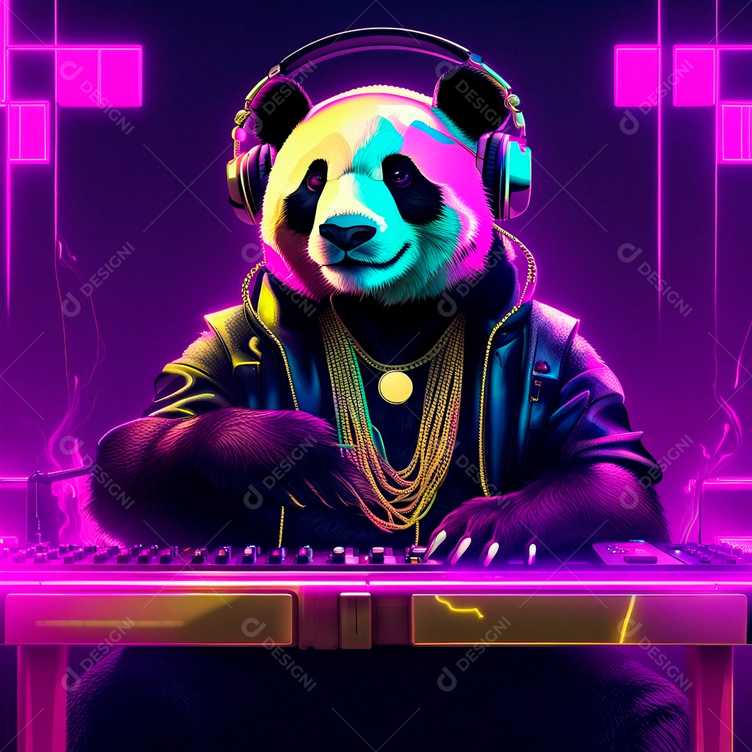 Urso panda na boate tocando música em uma mesa de DJ