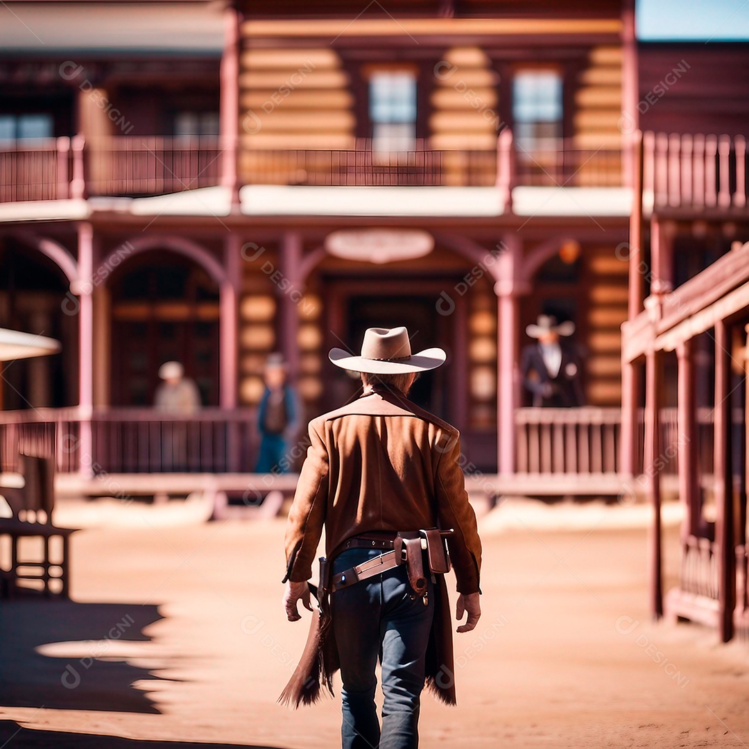 Cowboy indo para a cidade no estilo de filme do velho oeste